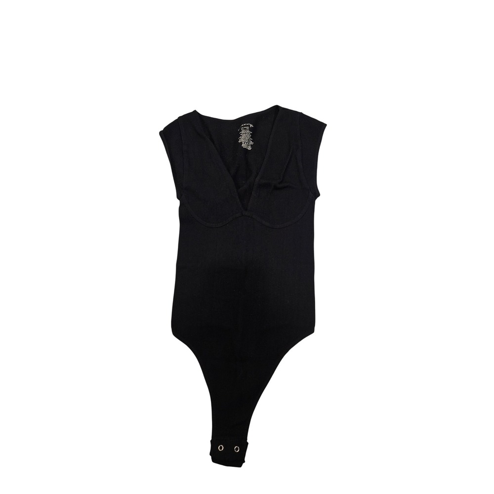 Free People Intimately Ribbed Plunge Bodysuit Sleeveless‎ Top Black XS/S